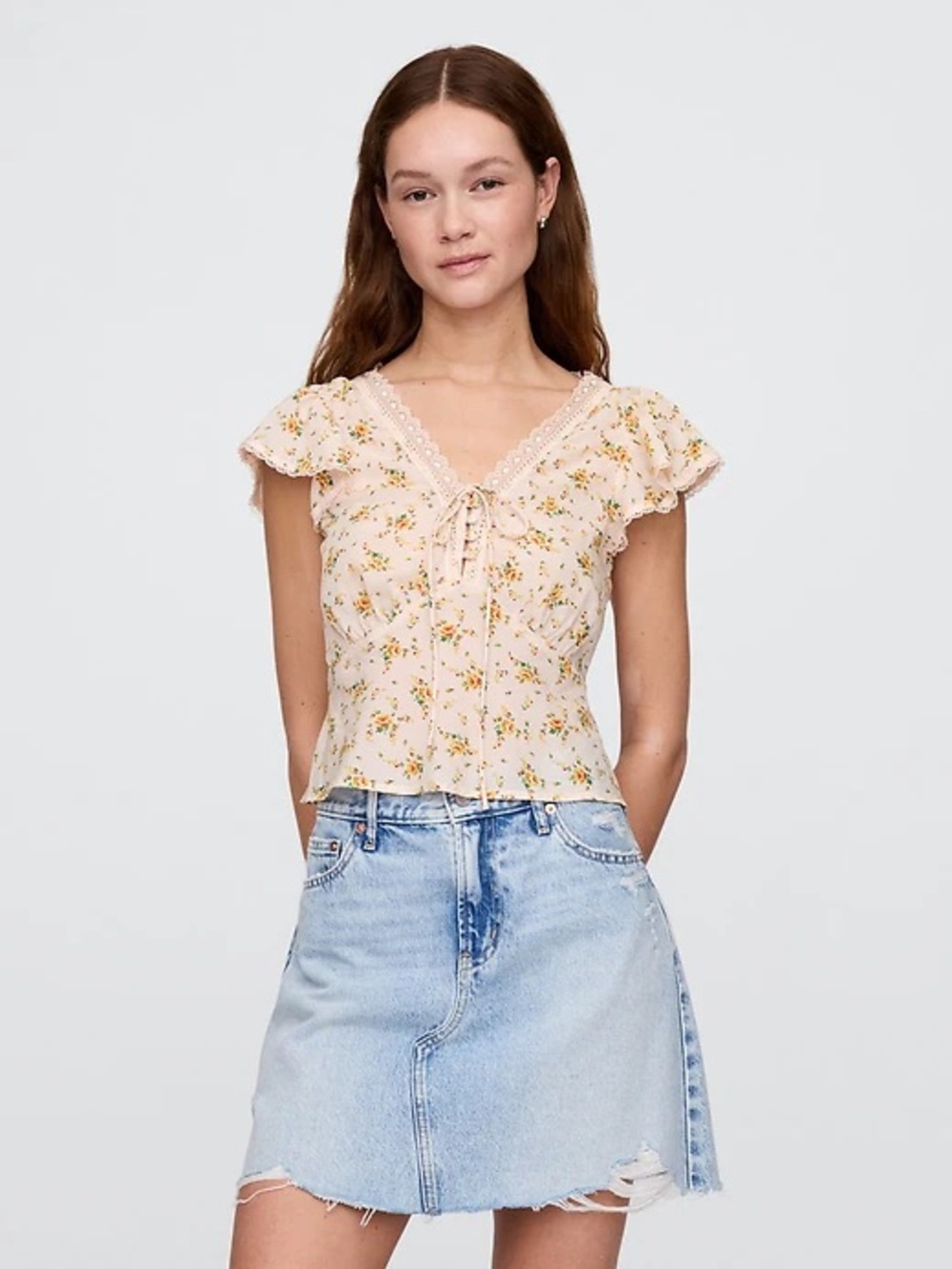 Gap Floral Lace-Trim Pink Cap-Sleeve Blouse